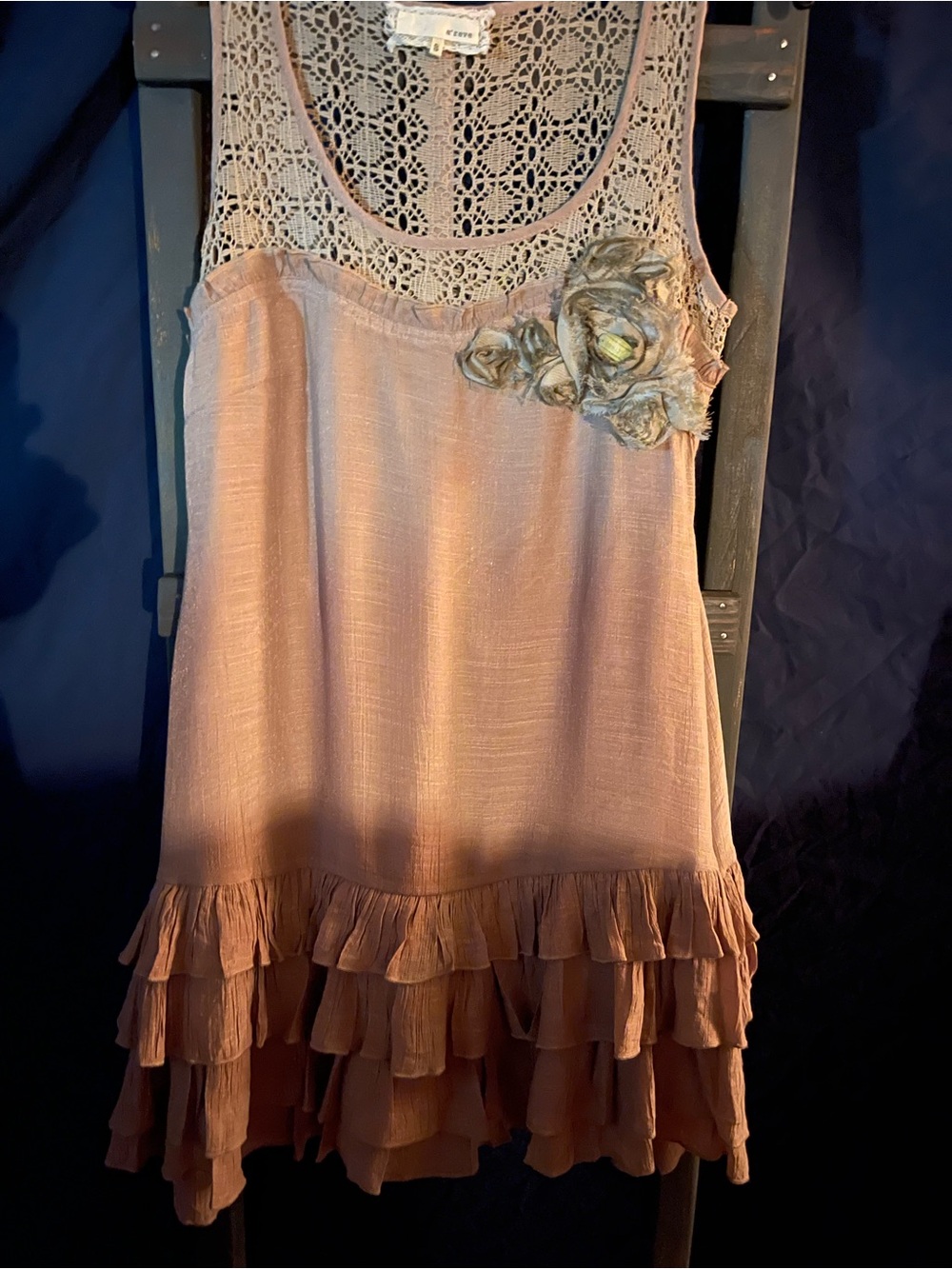 A'Reve Dusty Rose Sleeveless Lace Yoke Ruffle Dress with Floral Appliqué